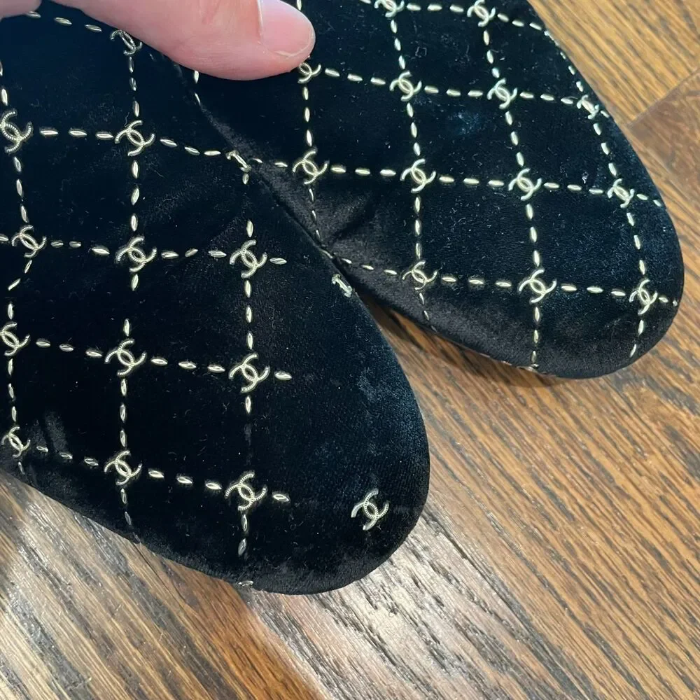 CHANEL Black Velvet Diamond Loafers Logo Smoking Slippers